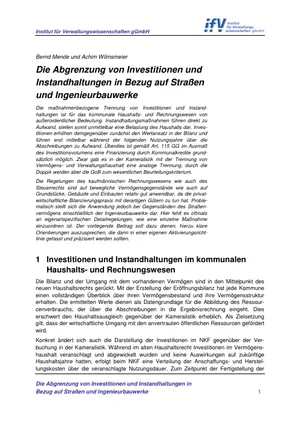 Titelseite: Die Abgrenzung von Investitionen und Instandhaltungen in Bezug auf Straßen und Ingenieurbauwerke